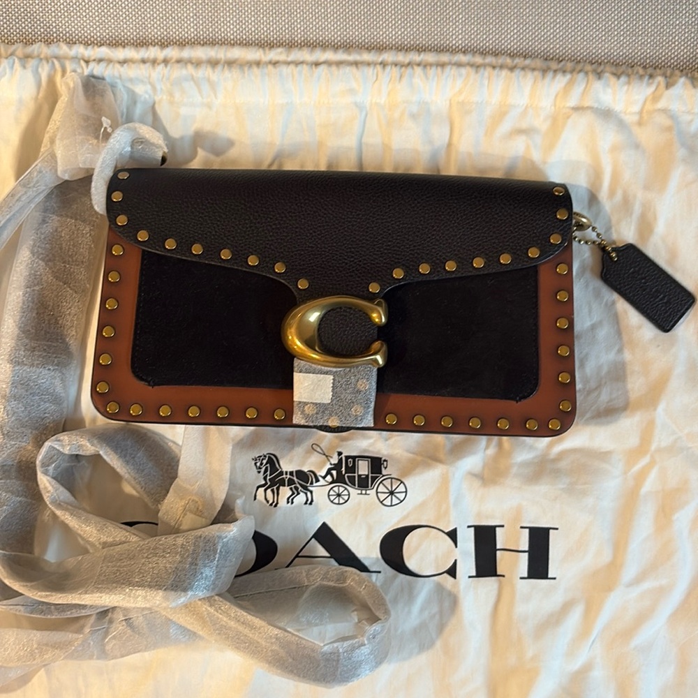 Coach NWT Black and Brown Leather Clutch with Gold Studs